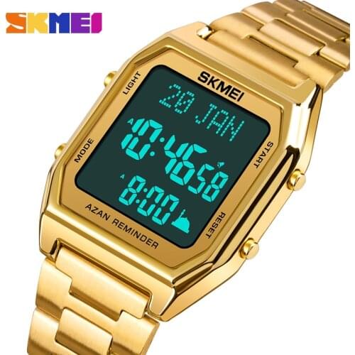 SKMEI Stainless Steel men Wristwatch Muslim Qibla Compass Adhan Alarm Clock Hijri Calendar Islamic Al Harameen Fajr Time Watches