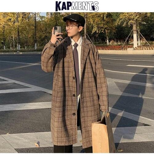 KAPMENTS Men Korean Fashion Long Wool Trench Coat 2021 Mens Winter Harajuku Plaid Jackets Coats Male Streetwear Y2k Windbreaker