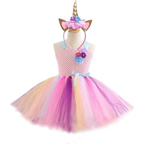 Pastel Unicorn Tutu Dress Baby Kids Girls Headwear Flowers Birthday Masquerade Party Dress Child Day Halloween Christmas Costume