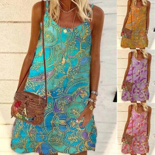 Women Printed Dress Summer Bohemian Sleeveless O Neck Sexy Spaghetti Straps Loose Mini Sling Dress Ladies Casual Short Dress