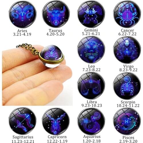 Birthday Gift 12 Constellation Zodiac Necklace Double Side Glass Ball Pendant Necklace for Women Astrology Jewelry