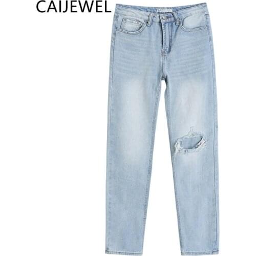 Plus Size Women Ripped Jeans High Waist Streetwear Blue Denim Pants Baggy Vintage Wide Leg Jeans Casual Mom Straight Denim Pants