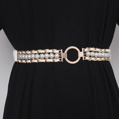 2021 Design Pearl Chain Elastic Waistband European Style PU Pearl Brand Waist Chain Elegant Ladies Dress Strap Corset Waist Belt