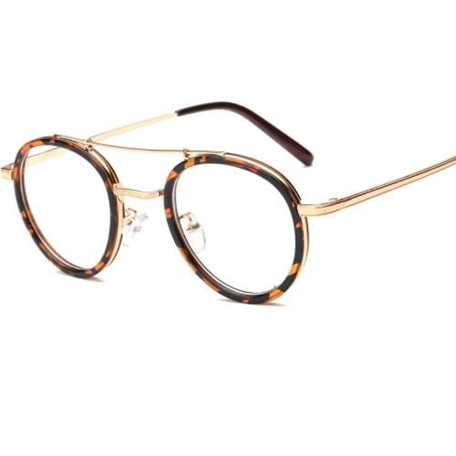 Retro Doule Bridges Women Round Leopard Glasses Frame Vintage Men Clear Lens Eyewear Optical Prescription