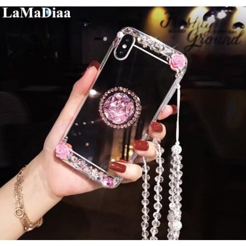 Luxury Rhinestone Bling Crystal Diamond Glitter Mirror Case For Samsung A3 A5 A7 2017 A9 A8 A6 PLUS A50 A70 Ring Stand Cover