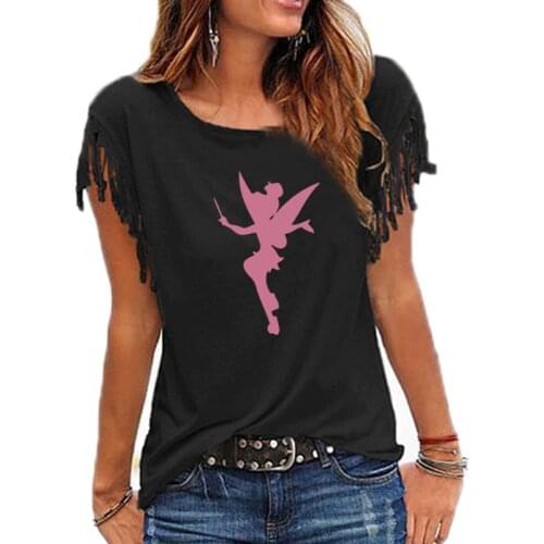 Fairy Silhouette Cartoon Fairy Women Cotton Tassel T-shirt Tees Short Sleeve O-neck Femme Cute t shirt