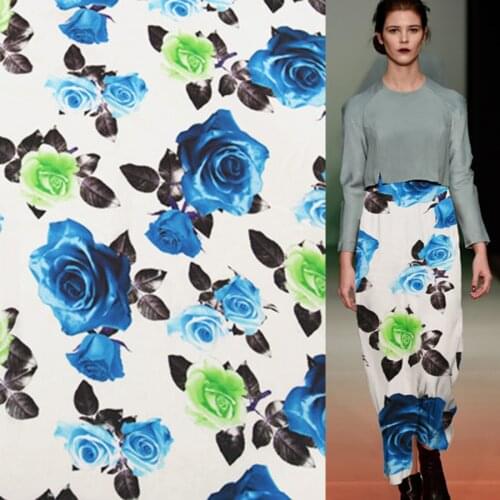 Blue and green Big rose print 100% pure silk Crepe DE chine silk fabric 12momme 138cm width by yard,SCDC586