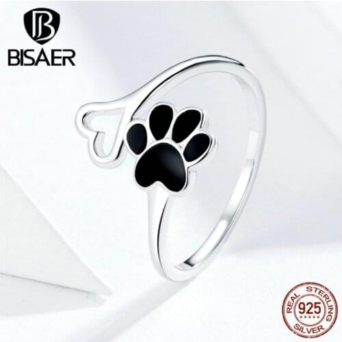 Dog Footprints BISAER Hot Sale 925 Sterling Silver Dog Doggy Pets' Footprint Finger Rings for Women Love Animal Jewelry ECR584