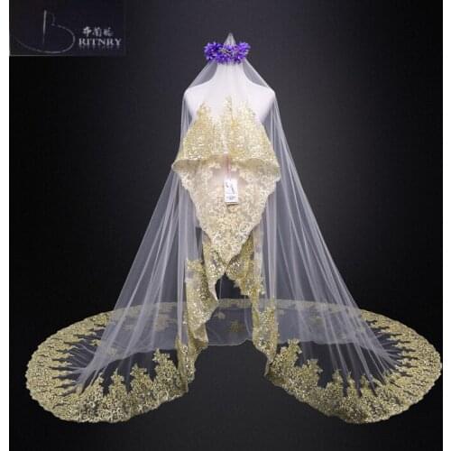 Fashion Bridal Veil Gold Lace Edge Appliques Long Train Wedding Veil voile de mariee