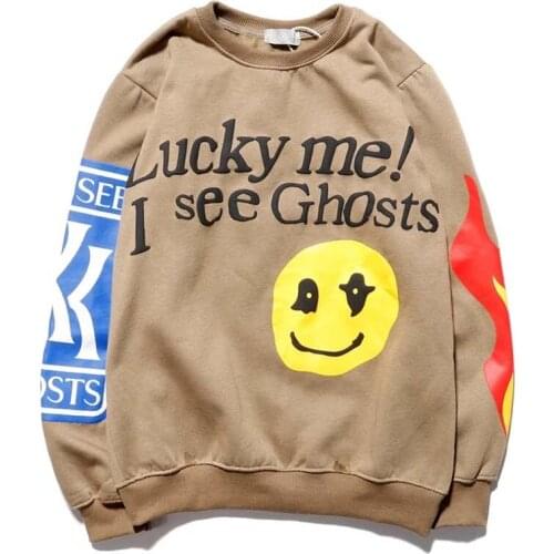 Kanye West "I Feel Ghosts" Couple Sweatshirt Flame Print Hip Hop Hoodie Loose Casual Cotton Smiley Streetwear Hoodie New Fashion