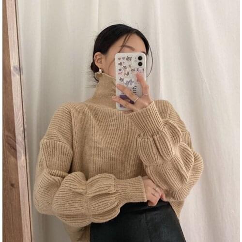 Lantern Sleeve Turtleneck Knitted Sweater Pullover Women Full Sleeve Solid Loose Korean Chic Female Jumpers Tops Femme 2021