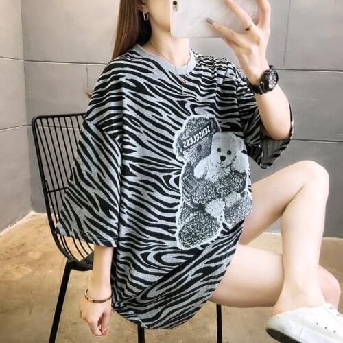 New Summer Printing Korean Loose Size Womens Cute Cartoon Medium Long Round Neck Short Sleeve T-shirt T Shirt for Women