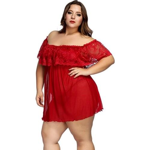 Lace Nightgown 4XXL Plus Size Sexy Night Dress Women Slash Neck See-though Lingerie Sleepwear Summer Nightwear Dressing Gown