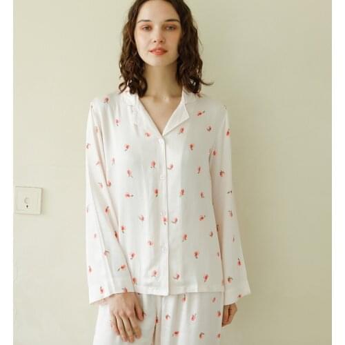 Spring Autumn Peach Print Viscose Womens Long Sleeve Pajama Sets Soft Comfortable Long Pants Nightwear Casual Loose Sleepwear