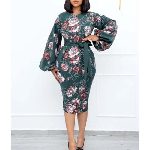 Womens autumn lantern sleeve professional bag hip skirt printing plus size dress