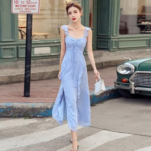 New arrival fashion korean beach dress women elegant summer sexy strap ruffle temperament OL chiffon blue slim a-line long dress