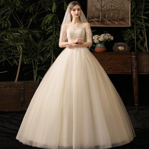 Wedding Dress O-Neck Backless Fashion Embroidery Pleat Floor-Length Empire Half Sleeves Plus Size Wedding Gowns For Women G130