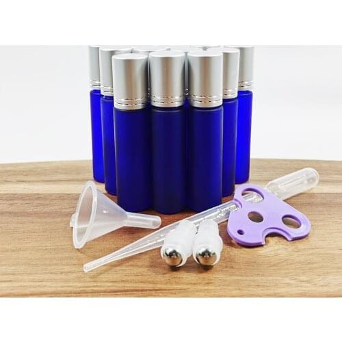 12pcs Blue Essential/basic Oil Bottles 10ml Roll on glass Roller Ball Massager essence Perfume Refillable Empty Container