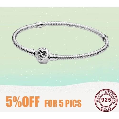 2021 New 925 Silver Heart Shaped Endless Buckle Snake Chain Bracelet For Womens Party Wedding Gift Diy Jewelry