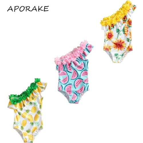 2021 1-5Y Toddler Baby Girl Swimwear Flower One Shoudler Watermelon/Pineapple Print Sleeveless Summer Holiday Swimsuit Beachwear