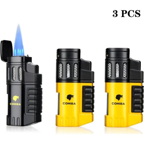 3 PCS Metal Cigar Cigarette Tobacco Lighter 4 Torch Jet Flame Refillable With Punch Smoking Tool Accessories Portable