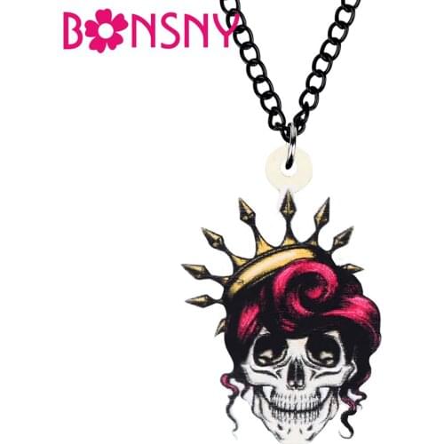 Bonsny Acrylic Halloween Elegant Queen Crown Skull Necklace Choker Pendant Jewelry For Women Teens Festival Party Charms Gift