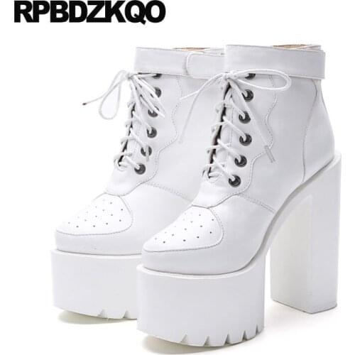 White Round Toe Booties Platform High Heel Autumn Chunky Gothic Boots Punk Women Fall Harajuku Shoes Lace Up Fetish Extreme