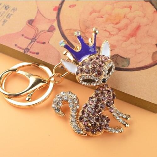 Rhinestone Crystal Fox Keychain Pattern Purse Bag Car Charm Key Ring Buckle Clasp Gifts Pink Ear White Body Crystal