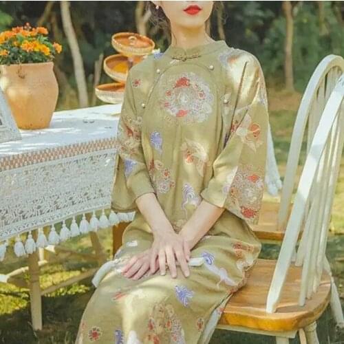 Improved cheongsam 2021 new Chinese style girl retro cotton and linen dress spring and summer Casual Straight Mid-Calf