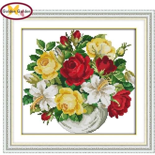 GG Flower Vase Stamped Cross Stitch Patterns 14CT11CT DIY Kits Needlework Embroidery Sets Joy Sunday Cross Stitch for Home Decor