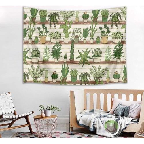 Cactus Tapestry Tropical Desert Succulent Plants on Wood Shelf Wall Hanging