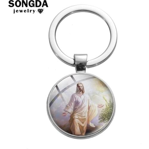 SONGDA Religious Belief God Jesus Portrait Keychain Art Photo Glass Cabochon Pendant Key Ring Holder Christian Catholic Souvenir
