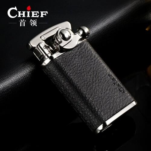 Chief brass lighter, creative windbreak, grinding wheel, rocker arm,old retro kerosene lighter genuine leather smoking gift