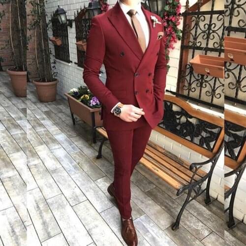 Customized Double Slim Fit Mens Suits Peaked Lapel Two Pieces Groomsmen Wear Fashion Man Tuxedos(Jacket+Pant)
