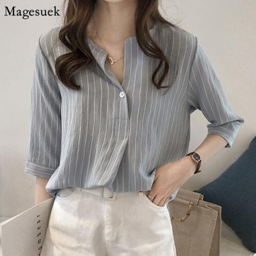 Blusas Mujer De Moda 2021 Verano New Casual Plus Size Striped Women Blouses Short Sleeve Pullover Loose Women Shirts Blusas 0753