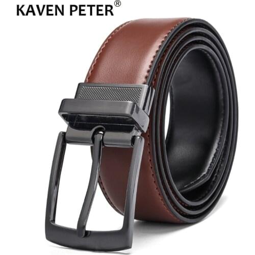 Mens Leather Reversible Belt Brown-Black Classic Designs Rotated Buckle Cowskin Leather Belts Wholesale