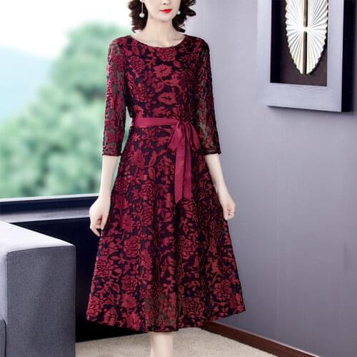 New Plus Size M-4XL Womens Dress 2021 Spring Autumn Elegant And Fashionable Wine Red Mesh Jacquard Lace Dress Female aq1290