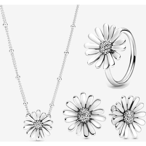 New 925 Sterling Silver Daisy Flower Statement Stud Earrings Necklace Ring 1 set Jewelry For Women Wedding Party Jewelry gift