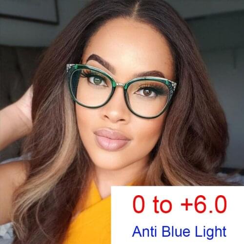Anti Blue Light Green Cat Eye Reading Glasses Women Luxury Brand Female Prescription Computer Glasses 0 to +6.0 Eyeglasses Frame