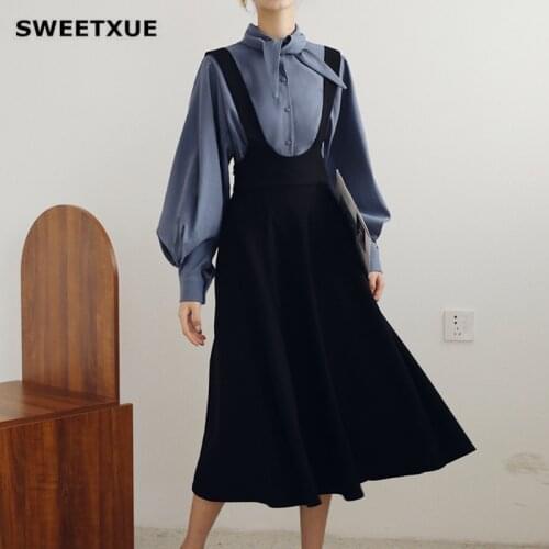 SWEETXUE Autumn Women Skirt Suit Single-Breasted Lantern Sleeves Lace-Up Shirt Black Strap Pleated Skirt Retro Two-Piece Set
