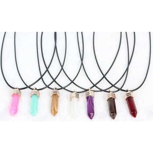Women Man Resin lucite Imitation gem stone Necklace Black leather Cord pendulum Pendant Statement jewelry punk Gothic Bohemia