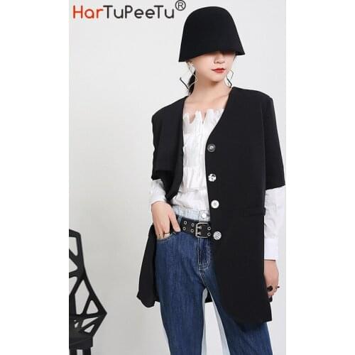 Office Blazer Oversize Women 2021 Early Autumn White Black Jacket V Collar Short Sleeve Stylish Buttons Single-breasted Outwear