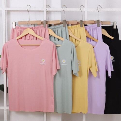 ICCLEK Pajamas Womens Summer Suit Embroidered Ice Silk Short-Sleeved Shorts Loose And Casual Can Wear Thin Home Clothes