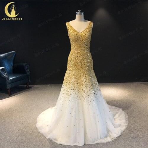 Rhine Real picture Gold Beads Sequins Hand Beads Mermaid платья женские dress women evening dress long formal dresses