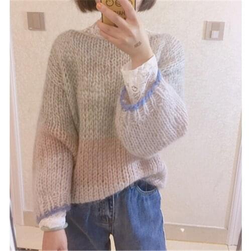 New Sweet Mohair Short Sweater Women Autumn Korean Cute Casual Loose Gray Thick Thread Twist Cropped Pullovers Female Top