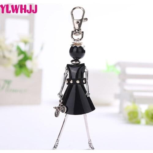 YLWHJJ brand 2018 new women cute bag doll keychain pendant girl black Leather key chains car key ring fashion statement Jewelry