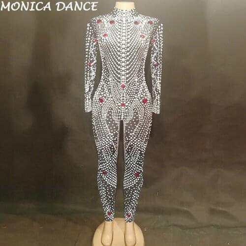 Women Sexy Black Rhinestones Pearls Jumpsuit Womens Birthday Stretch Bodysuit Leggings Nightclub Female Singer Dance Costume