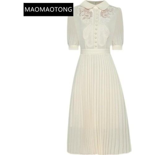 Fashion Designer Summer Solid Dresses Womens Turn-down Collar Puff sleeve Hook flower hollow High waist Knee Dress