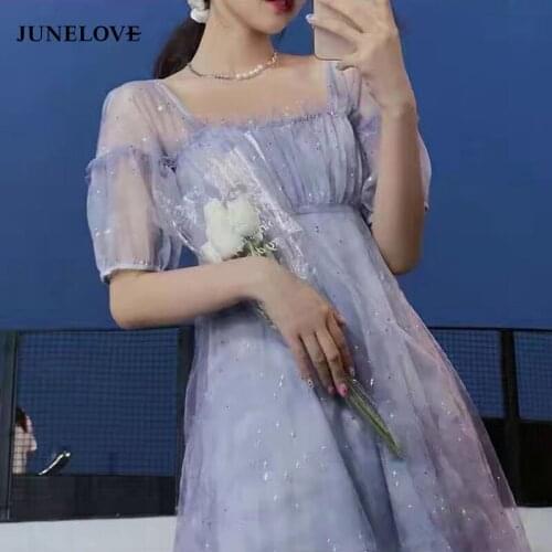 JuneLove Summer Purple Elegant Strap Dresses Women Korean Kawaii Sleeveless Sweet Fairy Dress Casual V-neck Sequins Party Dress