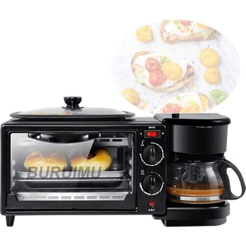 3-In-1 Breakfast Machine 600w Coffee Pot+ Teppanyaki + Oven Bread Baking Maker Bread Toaster Fried Egg Coffee Cooker